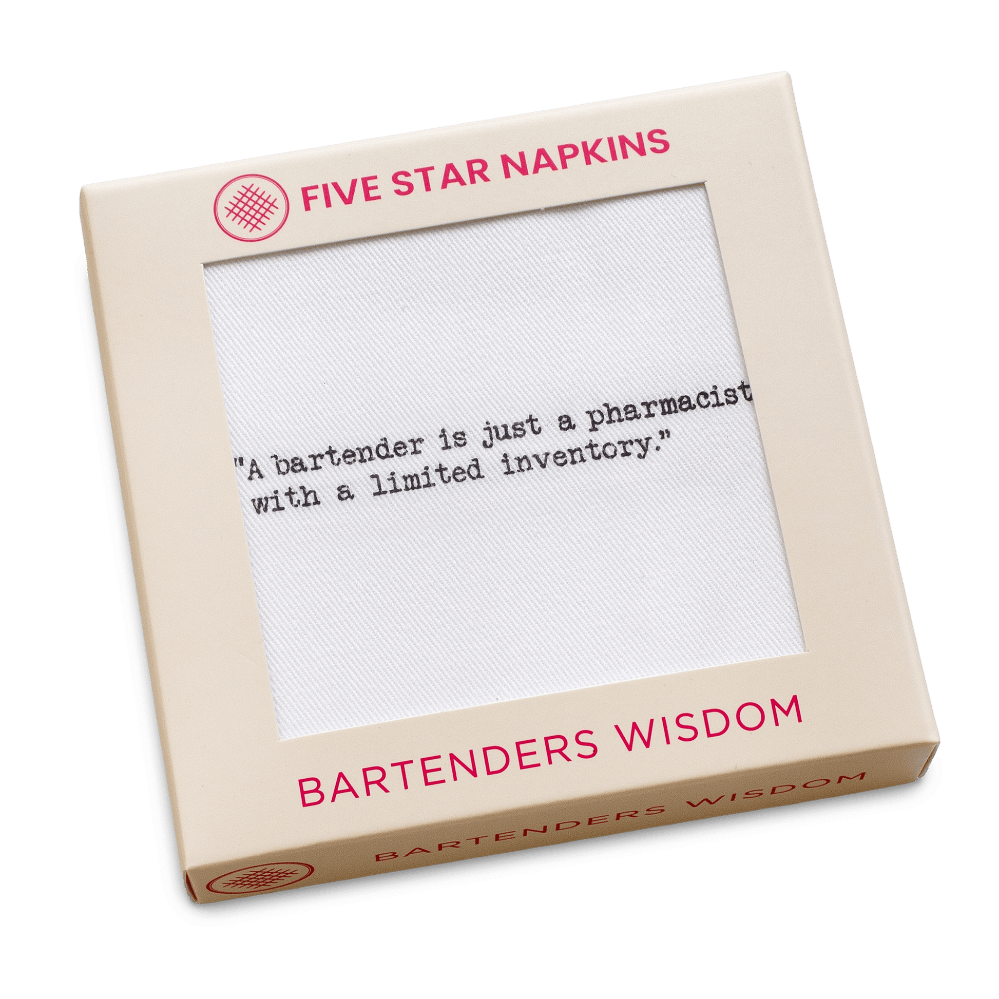Gift box from Five Star Napkins' Bartenders Wisdom quote collection, showing an organic cotton cocktail napkin printed with the quote "A bartender is just a pharmacist with a limited inventory"