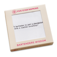 Gift box from Five Star Napkins' Bartenders Wisdom quote collection, showing an organic cotton cocktail napkin printed with the quote "A bartender is just a pharmacist with a limited inventory"