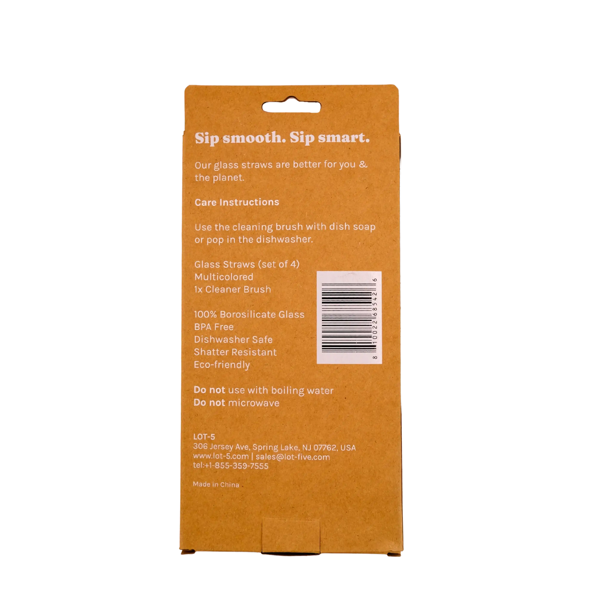 Back of multicolored glass straw set packaging with care instructions and barcode