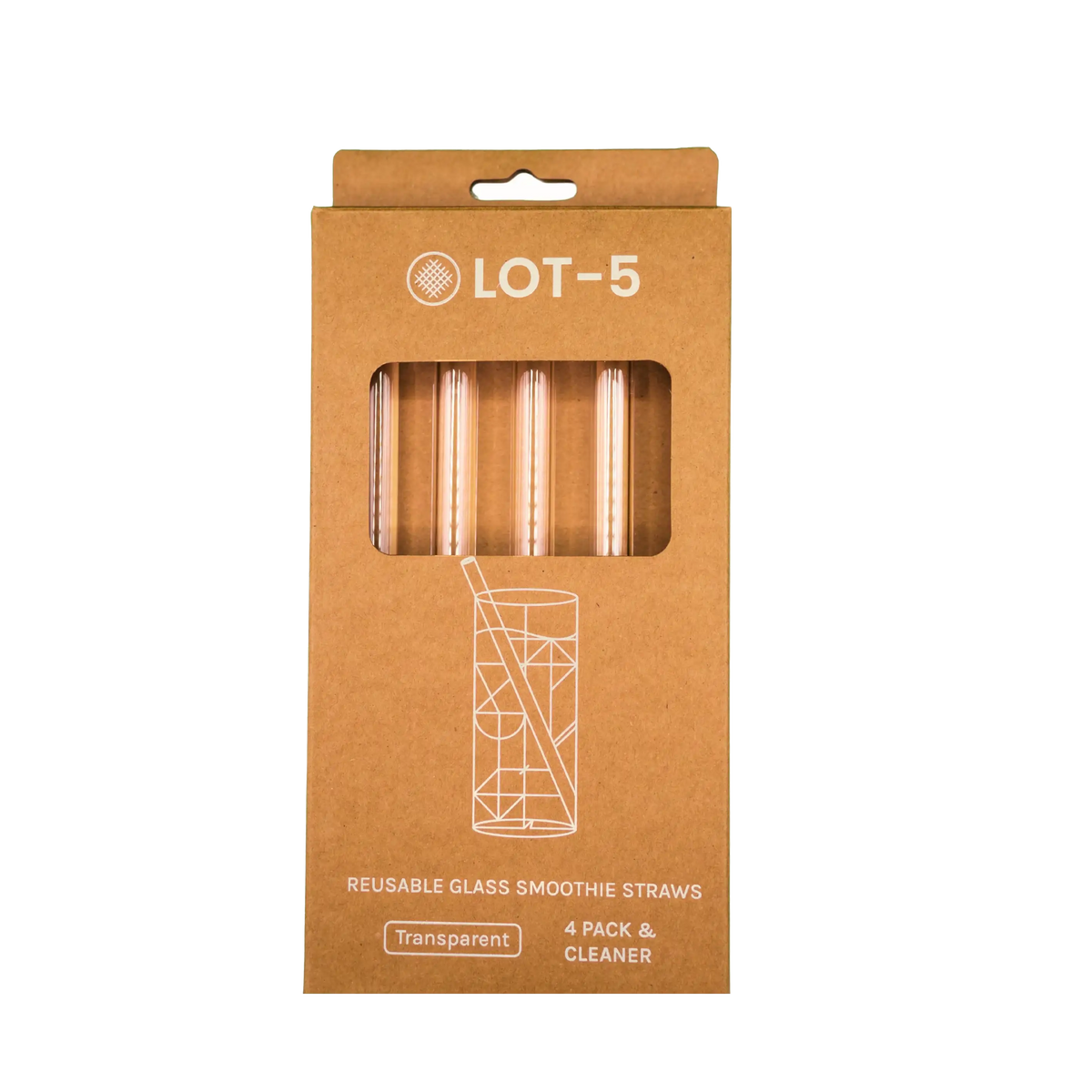 Four-pack of transparent reusable glass smoothie straws in cardboard box packaging