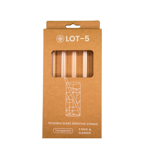 Four-pack of transparent reusable glass smoothie straws in cardboard box packaging