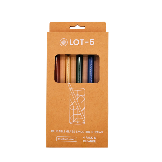Pack of four multicolored reusable glass smoothie straws with cleaner, visible through box window.