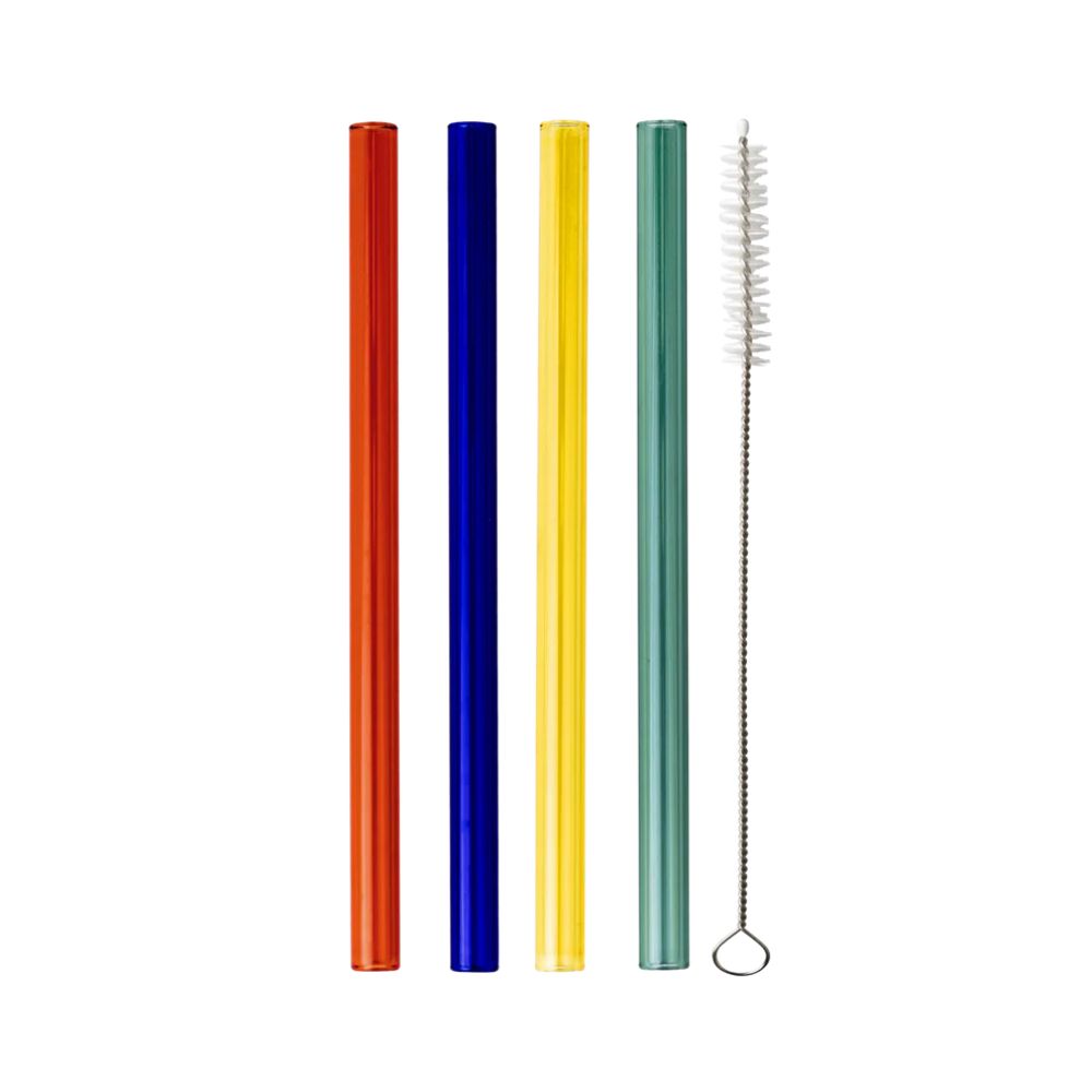 Four multicolored reusable glass smoothie straws with a cleaning brush, by Five Star Napkins.