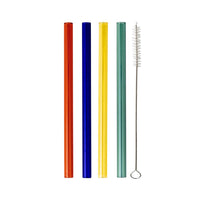 Four multicolored reusable glass smoothie straws with a cleaning brush, by Five Star Napkins.