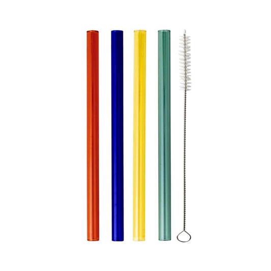 Four multicolored reusable glass smoothie straws with a cleaning brush, by Five Star Napkins.