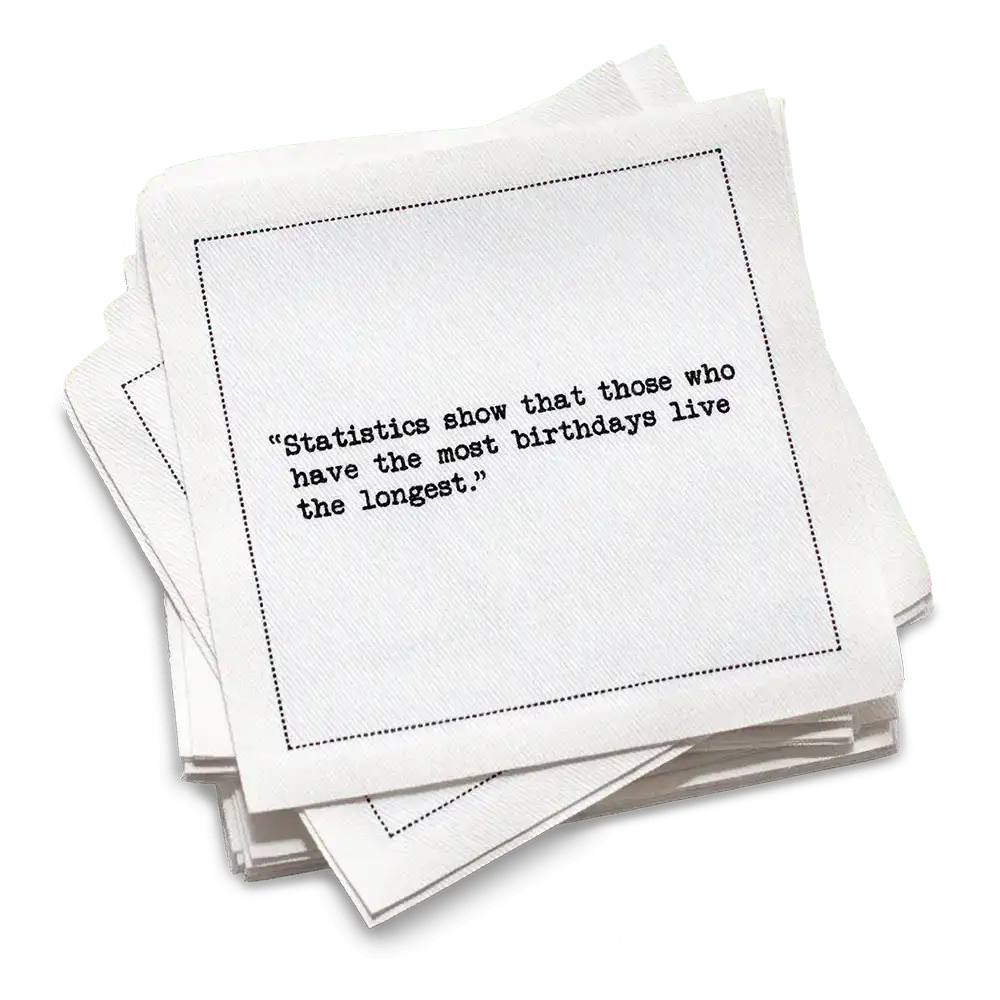 Five Star Napkins Generic Birthday Quotes, Cocktail Napkins, White stack with birthday quotes, 100% Organic Cotton, 4.5” x 4.5”, 50 Napkins per pack with 25 unique quotes