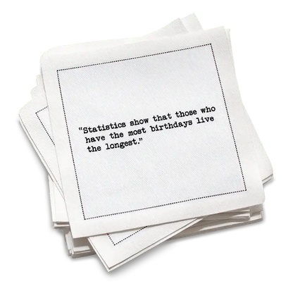 Five Star Napkins Generic Birthday Quotes, Cocktail Napkins, White stack with birthday quotes, 100% Organic Cotton, 4.5” x 4.5”, 50 Napkins per pack with 25 unique quotes