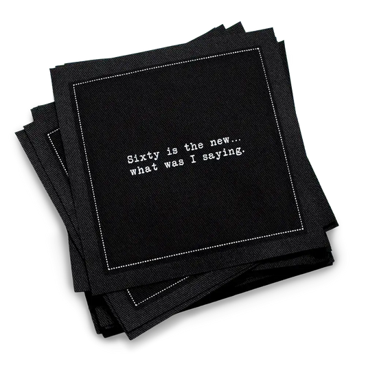 Five Star Napkins 60th Birthday Quotes, Cocktail Napkins, Black stack with 60th birthday quotes, 100% Organic Cotton, 4.5” x 4.5”, 50 Napkins per pack with 25 unique quotes