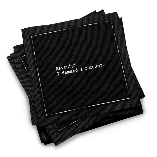 Five Star Napkins 70th Birthday Quotes, Cocktail Napkins, Black stack with 70th birthday quotes, 100% Organic Cotton, 4.5” x 4.5”, 50 Napkins per pack with 25 unique quotes