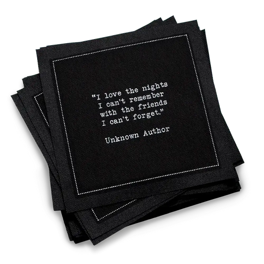 Five Star Napkins White Cotton Cocktail Napkins, stack of black square cocktail napkins with transparent background , 100% Organic Cotton, 4.5" x 4.5", Single Use, 50 Units Per Pack with 25 Unique Drinking Quotes