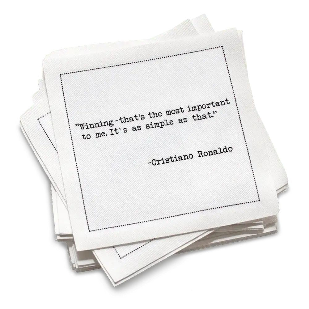 Stack of white cotton cocktail napkins with a black text quote by Cristiano Ronaldo on a white background
