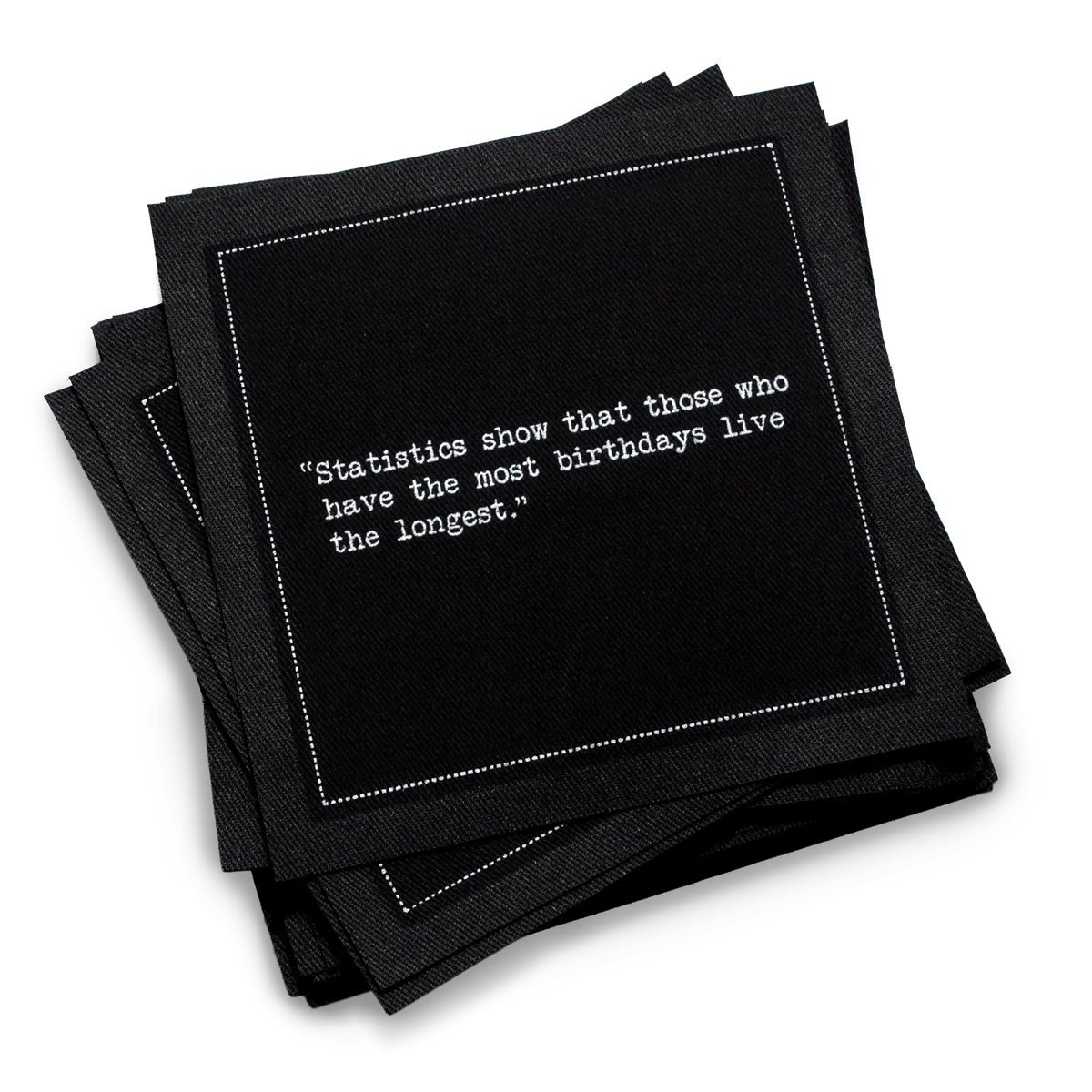 Black luxury cocktail napkin with white birthday quote, organic cotton by Five Star Napkins