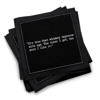 Five Star Napkins White Cotton Cocktail Napkins, stack of black square cocktail napkins with white background, 100% Organic Cotton, 4.5" x 4.5", Single Use, 50 Units Per Pack with 25 Unique Whiskey Drinking Quotes