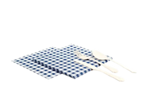 Navy blue and white gingham organic cotton luncheon napkins with silver cutlery, a luxury napkin set from Five Star Napkins.