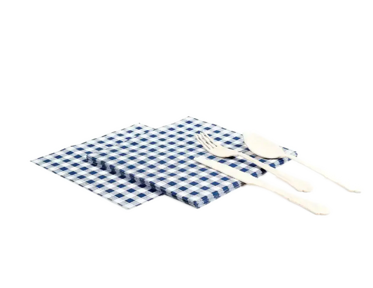 Navy blue and white gingham organic cotton luncheon napkins with silver cutlery, a luxury napkin set from Five Star Napkins.
