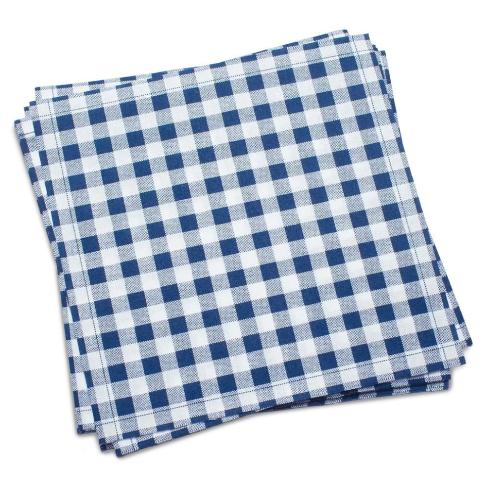 blue and white checkered cotton cocktail napkins on a white background