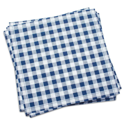 blue and white checkered cotton cocktail napkins on a white background