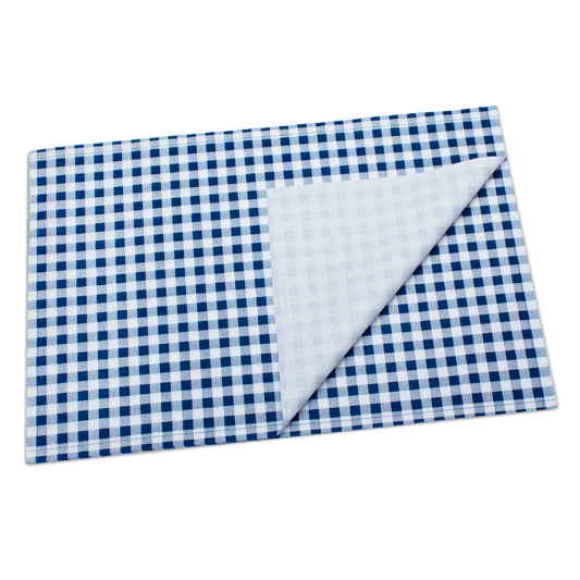 Navy blue gingham cotton placemat with folded corner, luxury table linen from Five Star Napkins