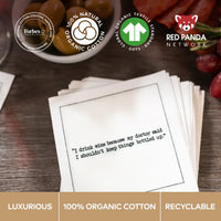 Luxury organic cotton cocktail napkins with wine quote, eco-friendly, Five Star Napkins branding