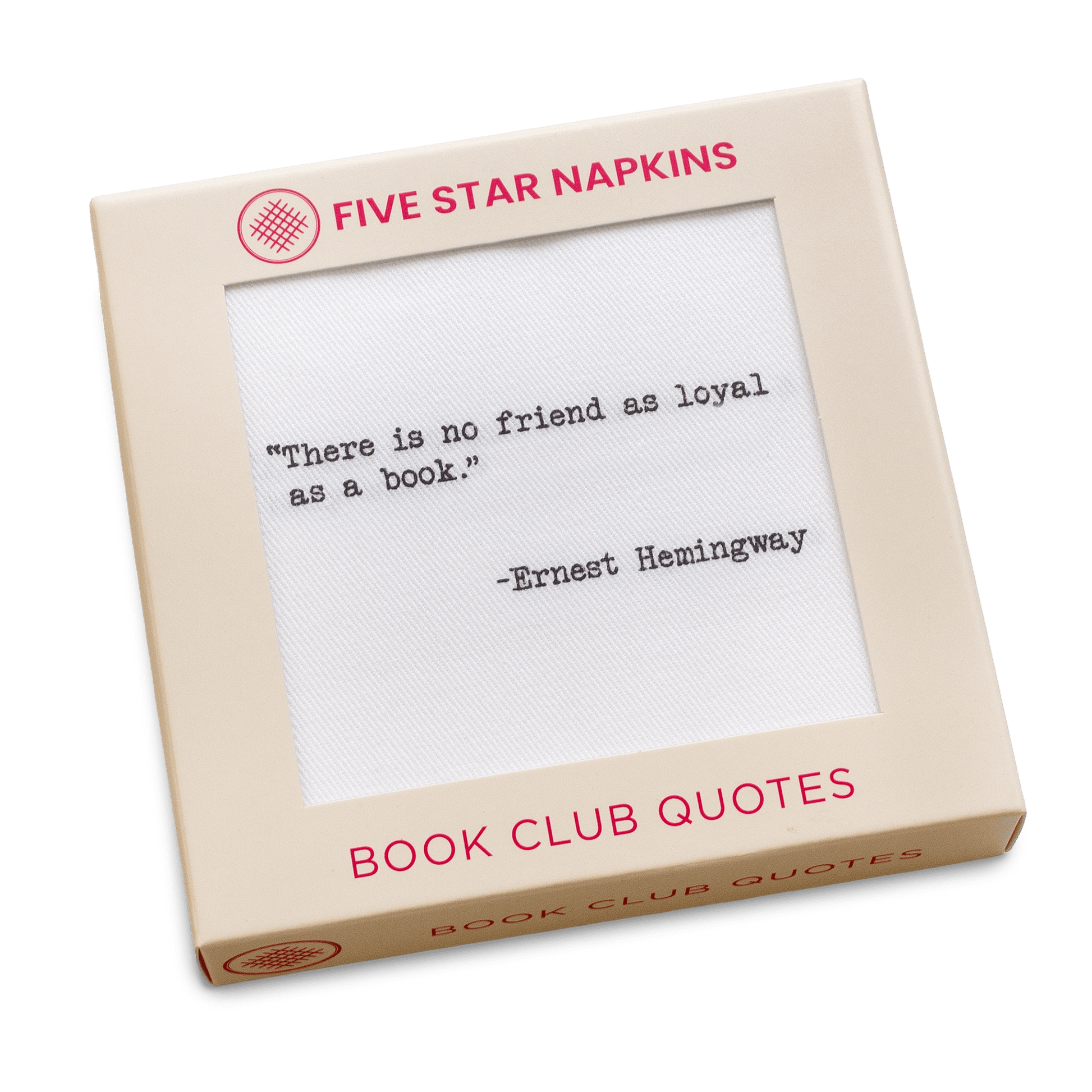 Kraft gift box from Five Star Napkins' Book Club Quotes collection, showing an organic cotton cocktail napkin printed with the quote "There is no friend as loyal as a book"