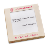 Kraft gift box from Five Star Napkins' Book Club Quotes collection, showing an organic cotton cocktail napkin printed with the quote "There is no friend as loyal as a book"