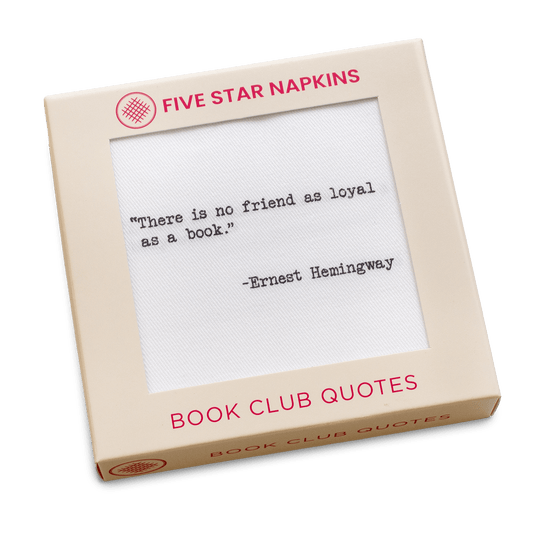 Kraft gift box from Five Star Napkins' Book Club Quotes collection, showing an organic cotton cocktail napkin printed with the quote "There is no friend as loyal as a book"