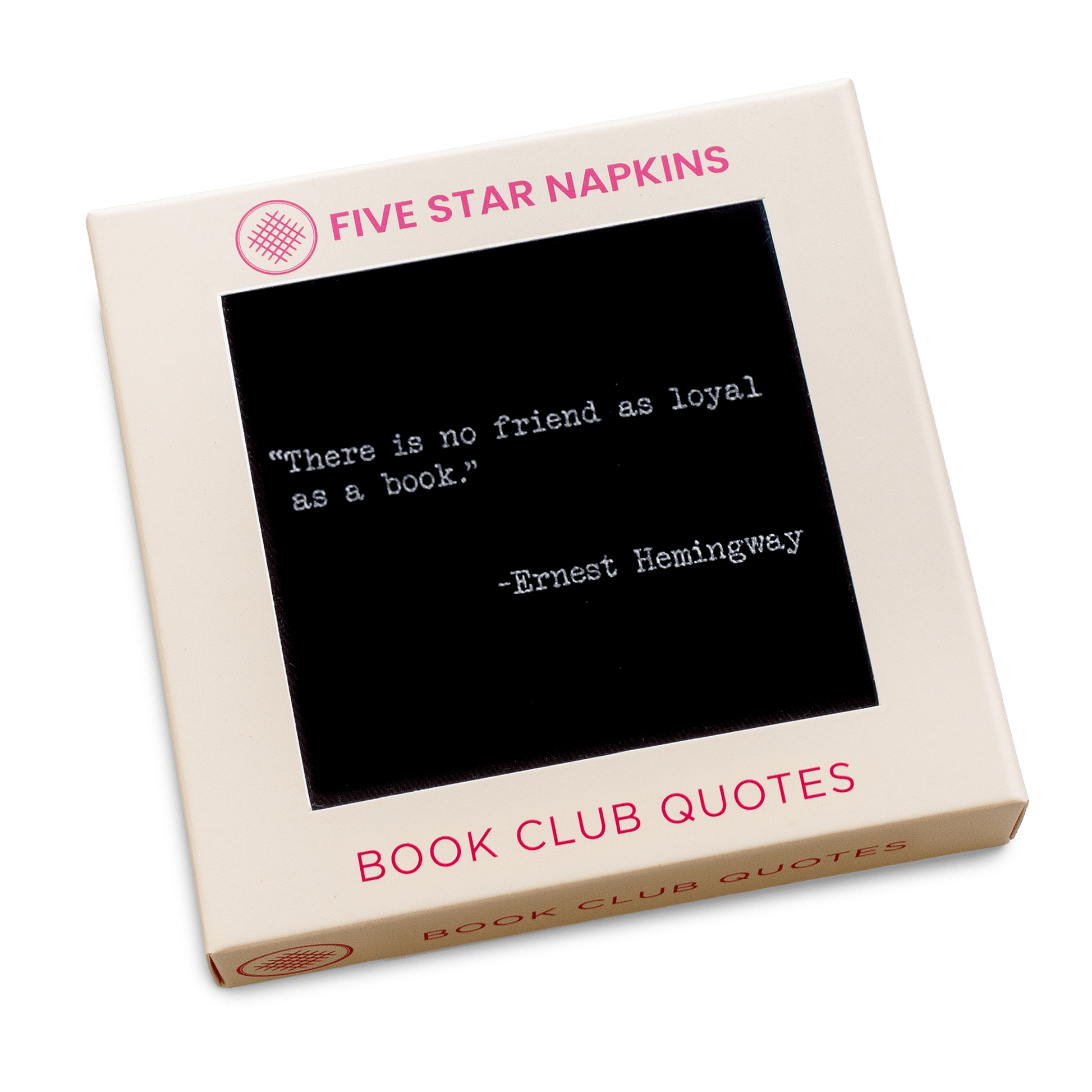 Kraft gift box from Five Star Napkins' Book Club Quotes collection, showing an organic cotton cocktail napkin, black, printed with the quote "There is no friend as loyal as a book"