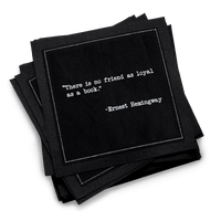 Organic cotton cocktail napkin, black, with white dotted border printed with the quote "There is no friend as loyal as a book," from Five Star Napkins' Book Club quote collection
