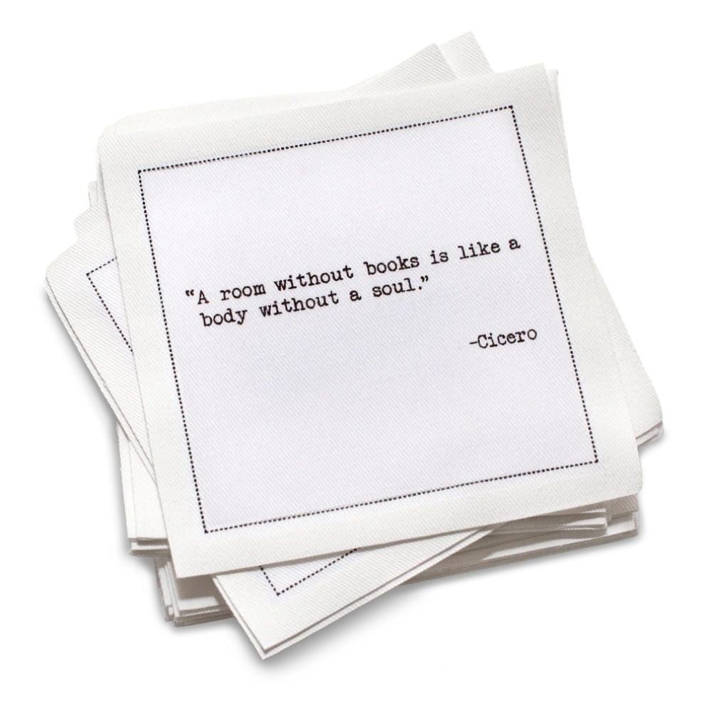Organic cotton cocktail napkin, white, with black dotted border printed with the quote "There is no friend as loyal as a book," from Five Star Napkins' Book Club quote collection