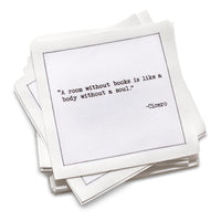 Organic cotton cocktail napkin, white, with black dotted border printed with the quote "There is no friend as loyal as a book," from Five Star Napkins' Book Club quote collection