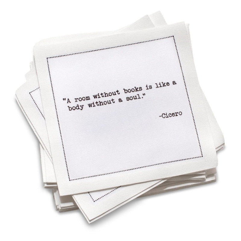 Organic cotton cocktail napkin, white, with black dotted border printed with the quote "There is no friend as loyal as a book," from Five Star Napkins' Book Club quote collection
