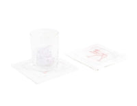 Organic cotton cocktail napkins with pink cocktail glass print, glass with ice on one napkin