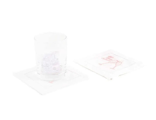 Organic cotton cocktail napkins with pink cocktail glass print, glass with ice on one napkin