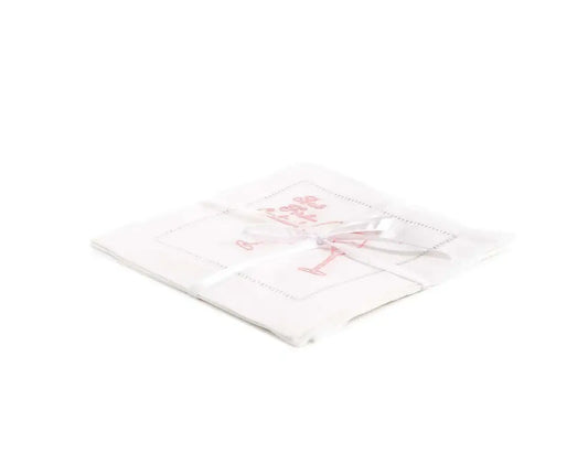 Pack of organic cotton cocktail napkins with pink cocktail glass and legible quote, tied with ribbon.