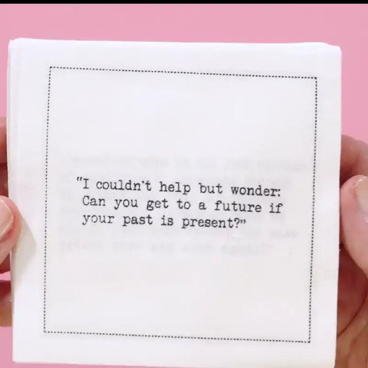 Video close-up of an organic cotton cocktail napkin printed with a Carrie Bradshaw-inspired quote, from Five Star Napkins' Carrie Bradshaw quote collection