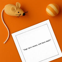 Organic cotton cocktail napkin printed with the quote “Dogs have owners, cats have staff,” styled with a cat toy mouse and ball on an orange background, from Five Star Napkins' Cat quote collection
