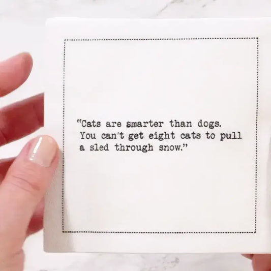 Video close-up of an organic cotton cocktail napkin printed with a Cat quote, from Five Star Napkins' Cat quote collection