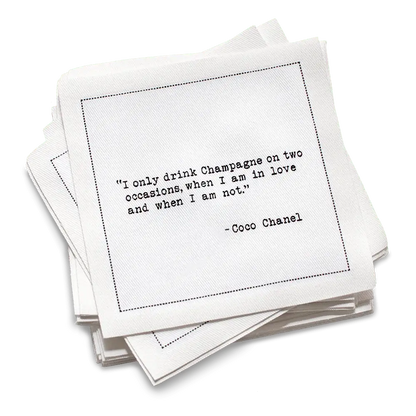 Five Star Napkins White Cotton Cocktail Napkins, stack of white square cocktail napkins with , 100% Organic Cotton, 4.5" x 4.5", Single Use, 50 Units Per Pack with 25 Unique Champagne Drinking Quotes