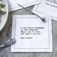 Five Star Napkins White Cotton Cocktail Napkins, multiples of white square cocktail napkins with fork close up, 100% Organic Cotton, 4.5" x 4.5", Single Use, 50 Units Per Pack with 25 Unique Champagne Drinking Quotes