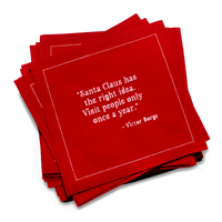 Red luxury cocktail napkin with Christmas quote from Five Star Napkins, organic cotton.