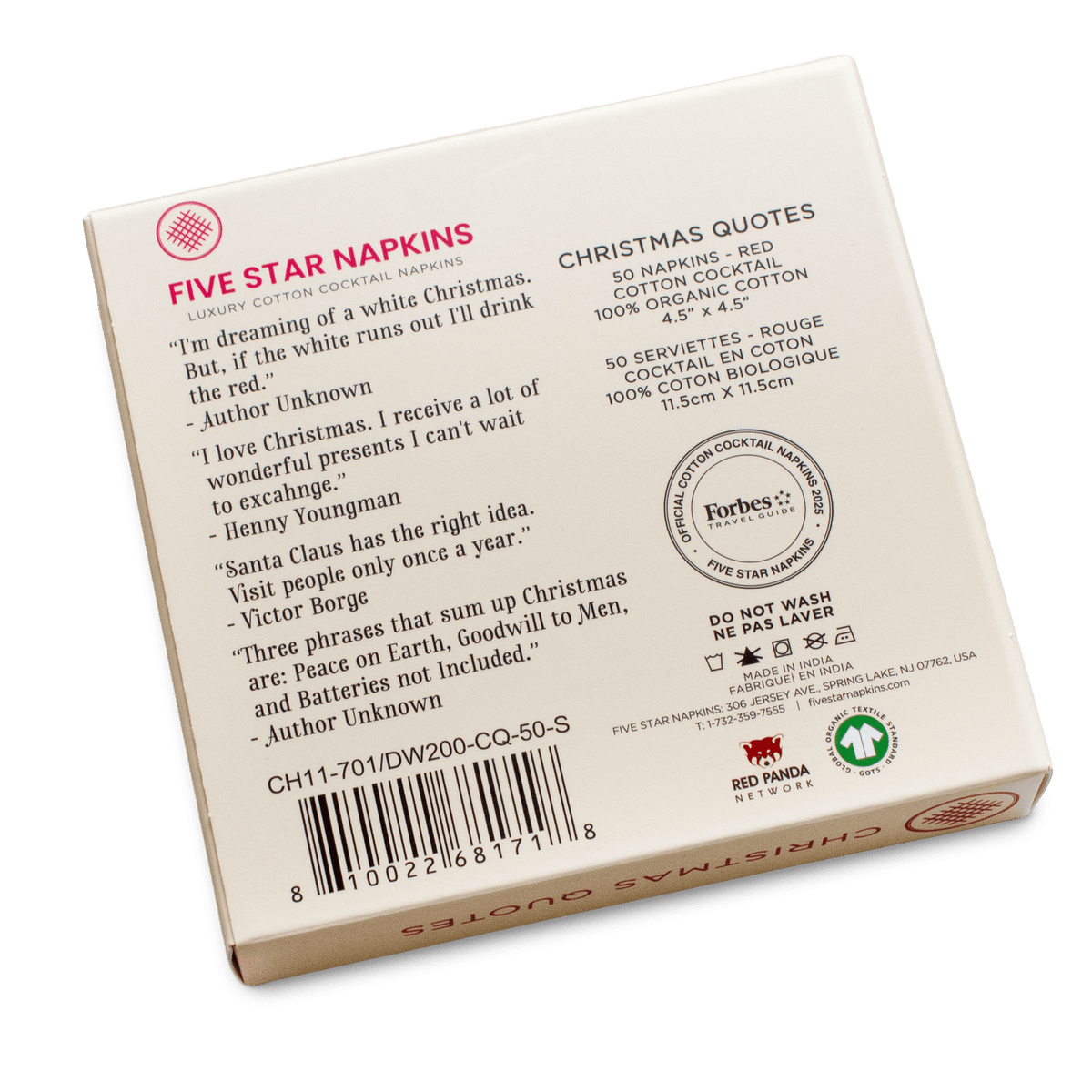 Back of Five Star Napkins box with Christmas quotes and product details on white packaging