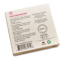 Back of Five Star Napkins box with Christmas quotes and product details on white packaging