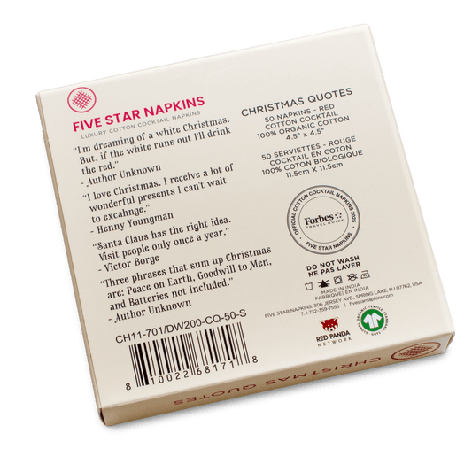 Back of Five Star Napkins box with Christmas quotes and product details on white packaging