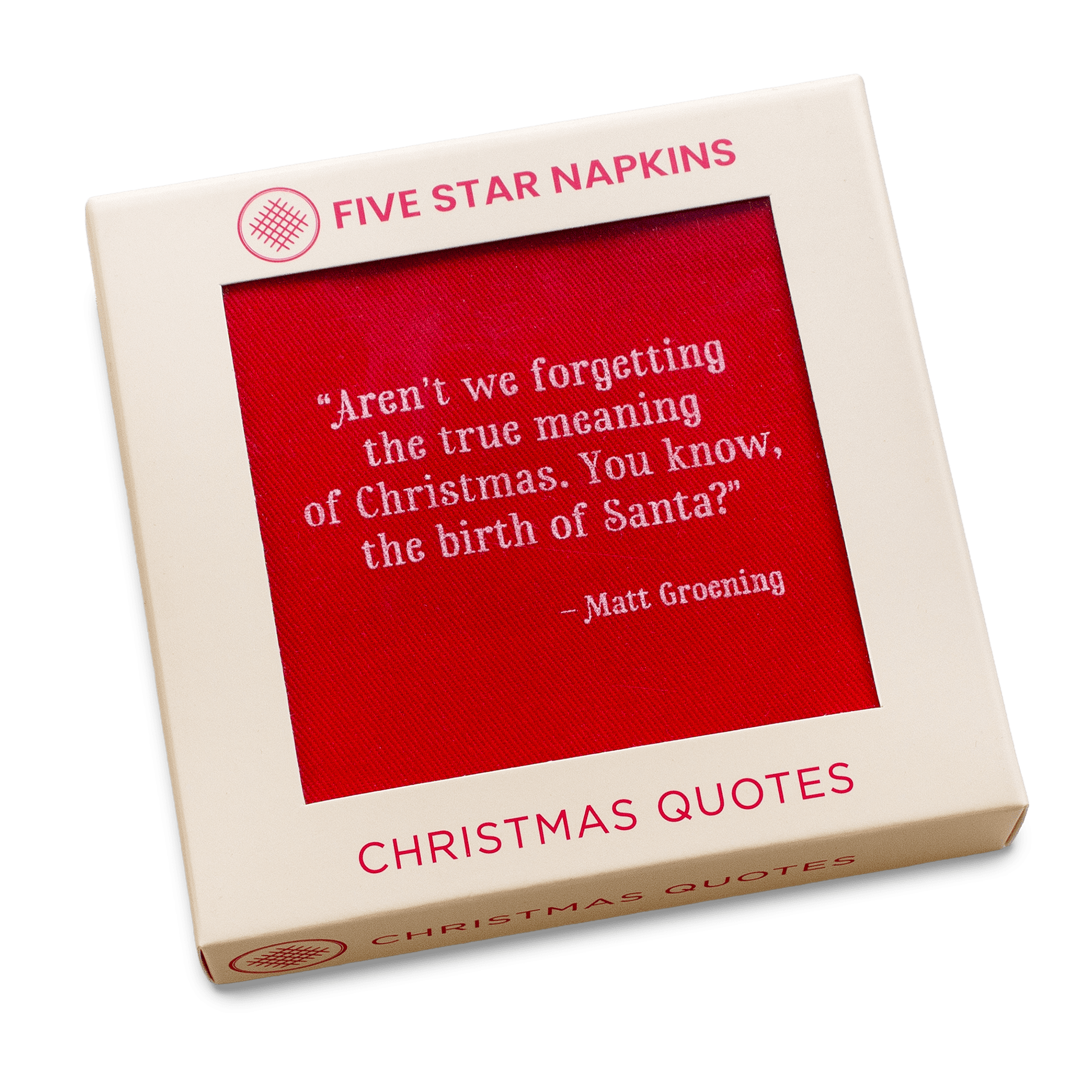 Five Star Napkins Christmas Quotes box with red organic cotton napkins and holiday message