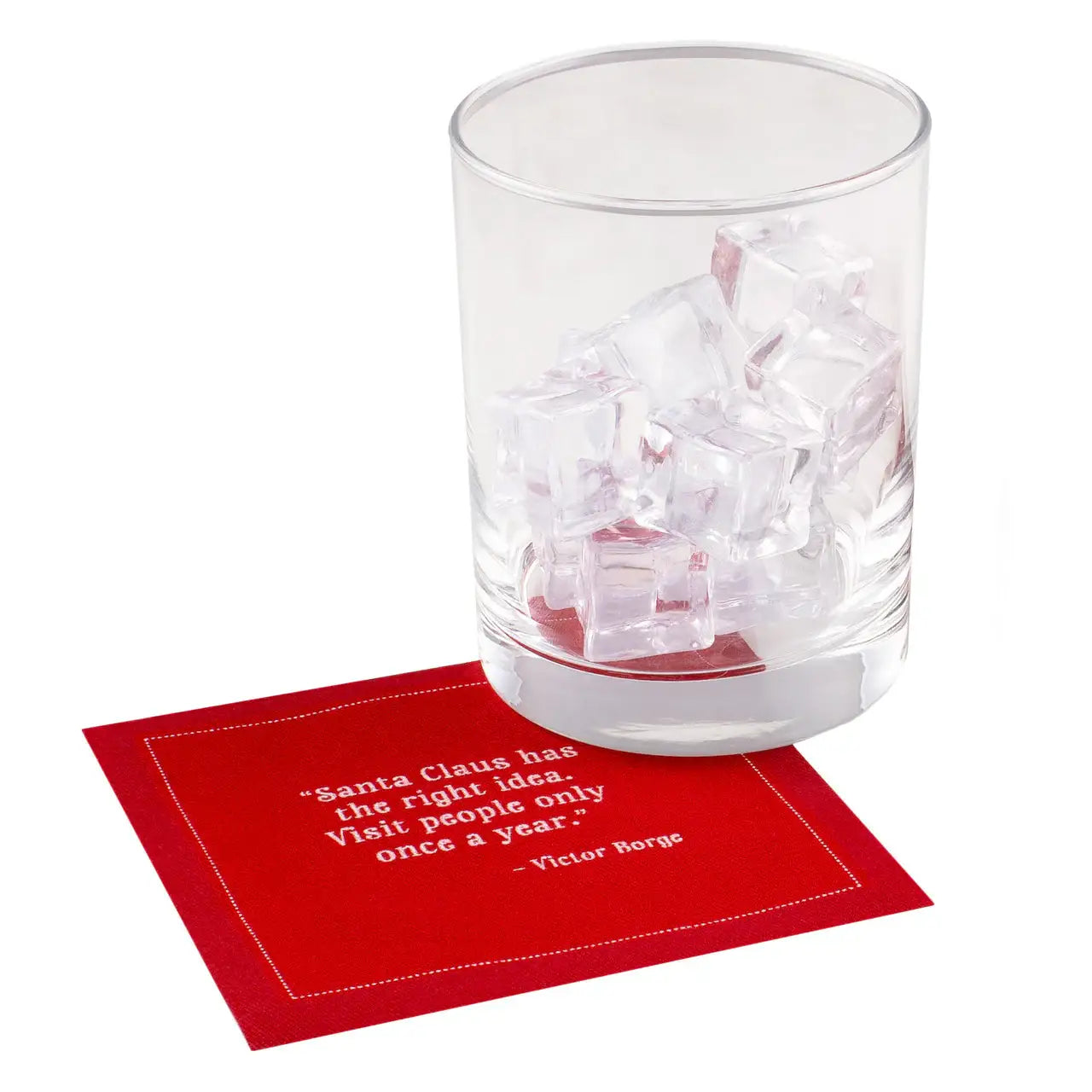 Toreador organic cotton cocktail napkin with white quote text, glass with ice on top