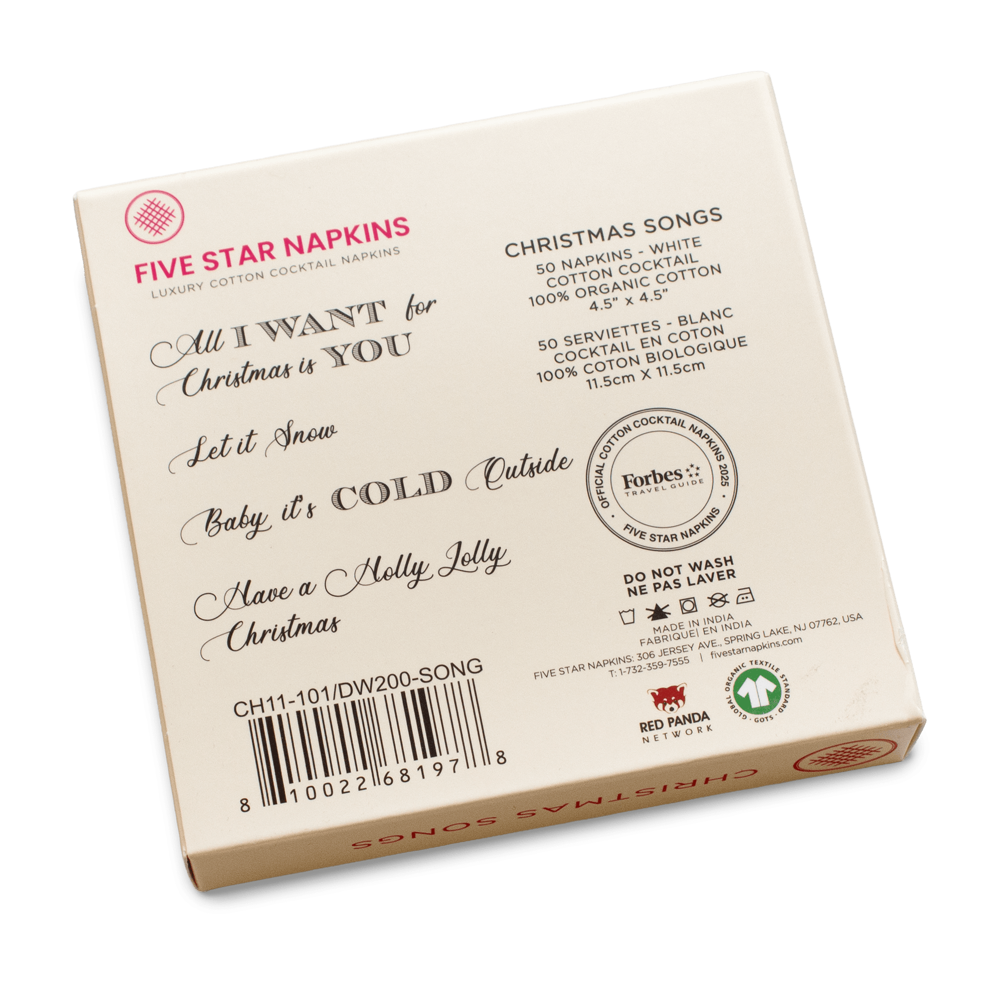 Back of Five Star Napkins box, Christmas Song edition, luxury organic cotton cocktail napkins.