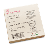Back of Five Star Napkins box, Christmas Song edition, luxury organic cotton cocktail napkins.