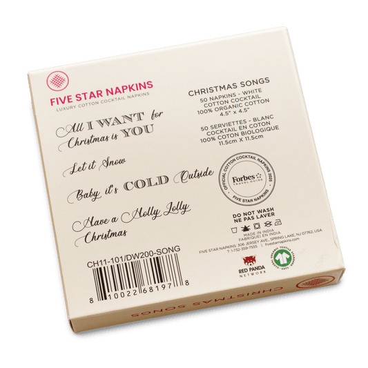 Back of Five Star Napkins box, Christmas Song edition, luxury organic cotton cocktail napkins.