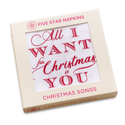 Five Star Napkins box with luxury Christmas napkin, red festive 'All I Want for Christmas' design
