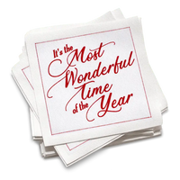 Stack of white organic cotton cocktail napkins printed with “It’s the Most Wonderful Time of the Year” in red script, by Five Star Napkins.
